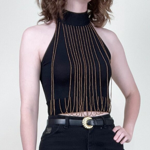 Vintage Silk Beaded Kit Crop Top Halter Blouse Shirt Sexy Going Out Club 90s Y2K - Picture 2 of 8